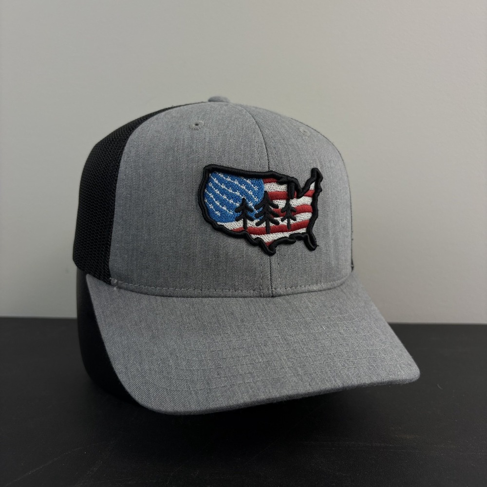 Tri Pine American Flag USA Map Trucker Hat Grey Black Mesh Snapback Adjustable
